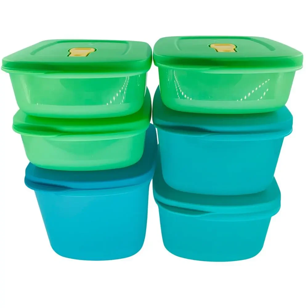 Tupperware Crystalwave Plus 12 Piece 6 Bowls Lids Green Blue Plastic Rectangle